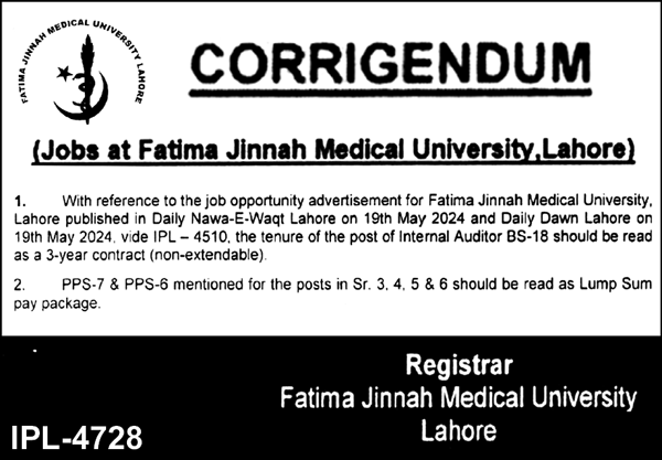 Fatima Jinnah Medical University Jobs June 2024 Applications